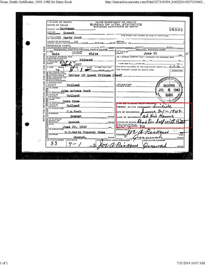 Texas, Death Certificates, 1903–1982 for Harry Koch no index